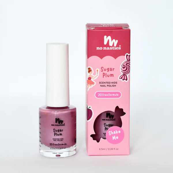 No Nasties Sugar Plum scented kids' nail polish with packaging and a doll on a pink background
