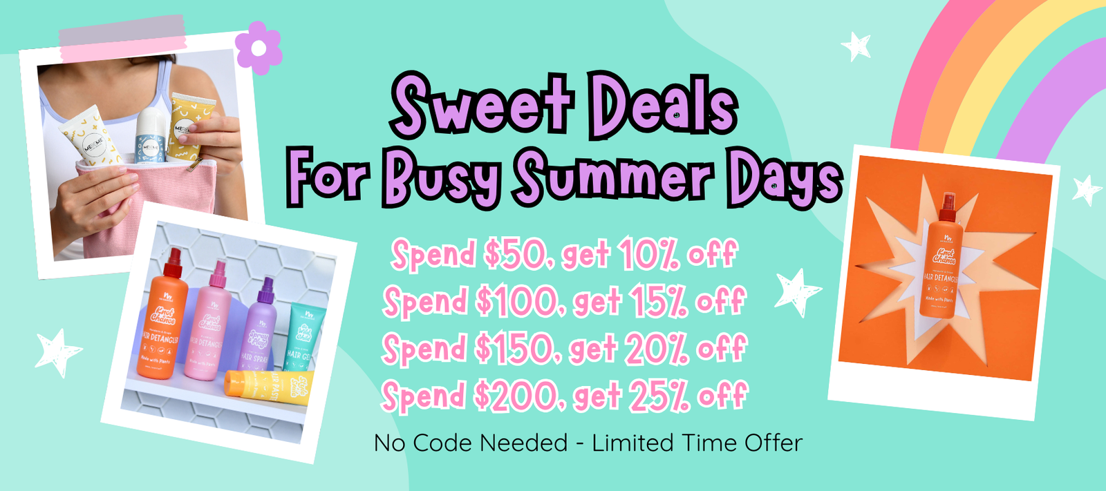 Promotional banner for sweet deals on busy summer days with product images and colorful design.
