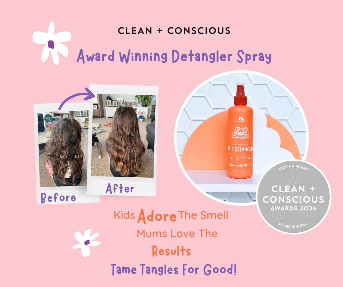 before-and-after-pictures-after-using-detangler-spray-from-No-Nasties-Kids-NZ-on-pink-background