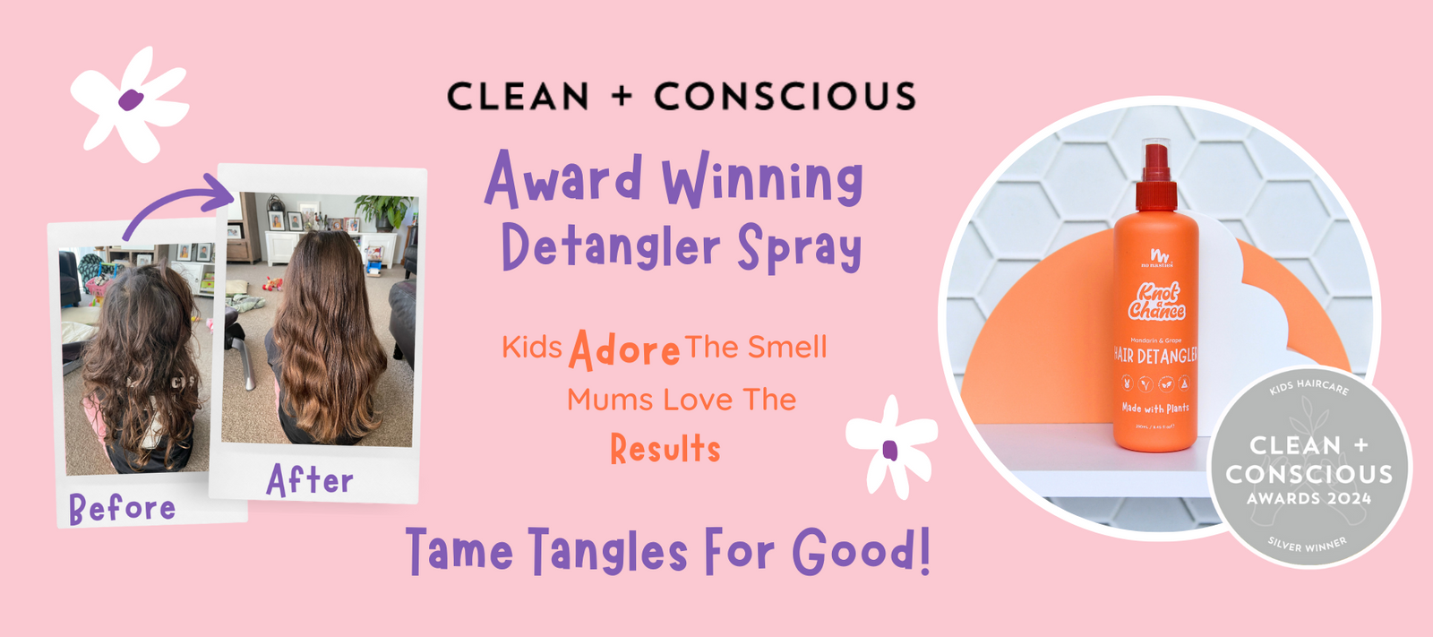 Advertisement for a detangler spray with before and after hair images on a pink background.