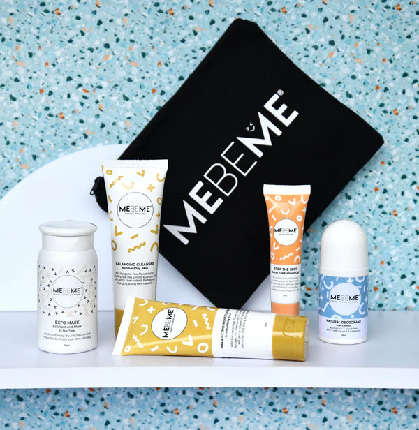 MEBEME skincare products on a blue terrazzo background