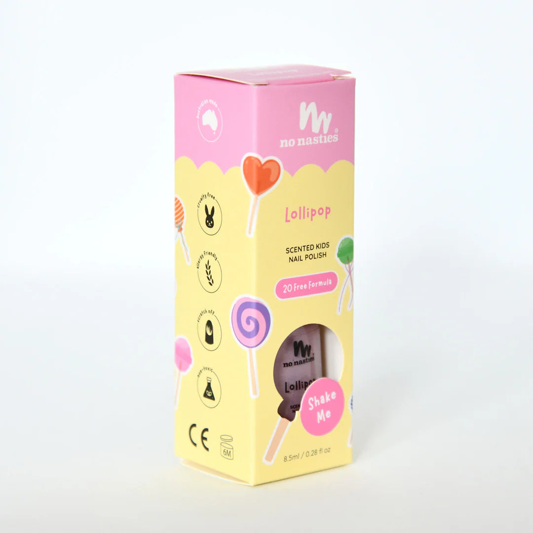 Box of No Nasties Kids NZ Lollipop scented kids nail polish on a white background