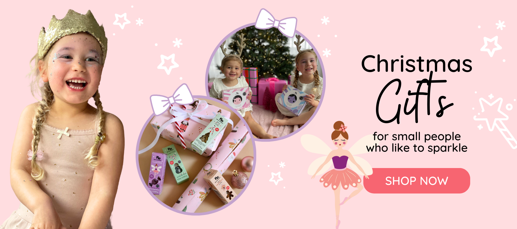 Kids makeup nail polish and lip gloss for Christmas gifts with girls laughing