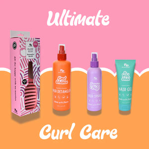 Collection of curl care products including a hairbrush, detangler, spray, and gel on a pink and orange background with 'Ultimate Curl Care' text.