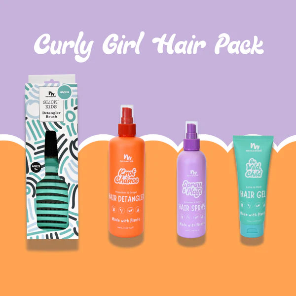 Curly Girl Hair Pack with hair care products on a purple and orange background