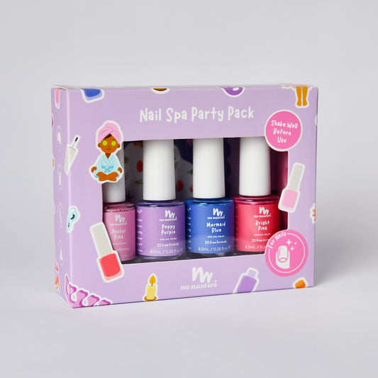 picture of little girls hand on purple background with nail stickers, nail polish and nail seperators
