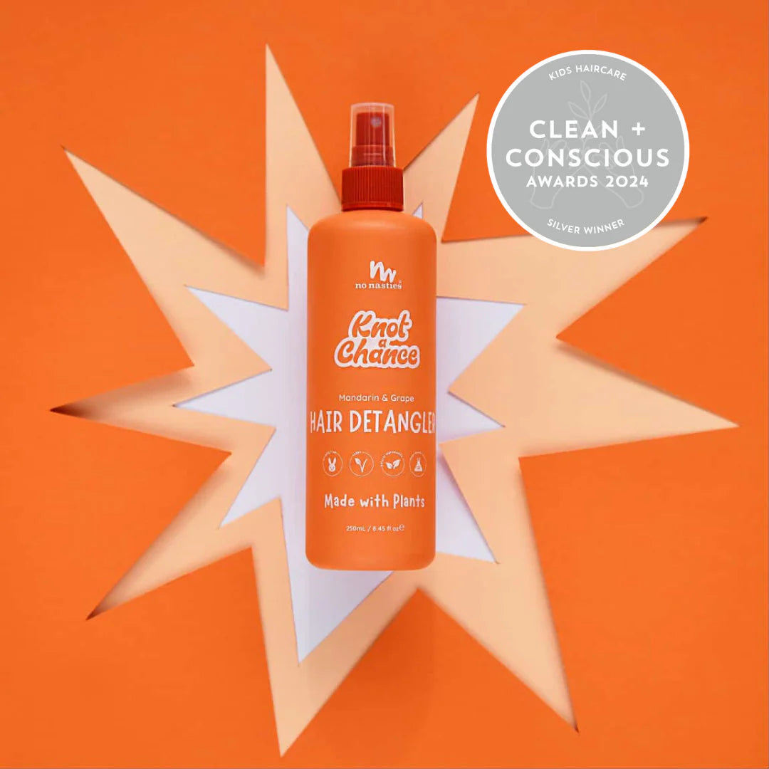 No Nasties Kids Natrual Detangler Spray on an orange background and award badge