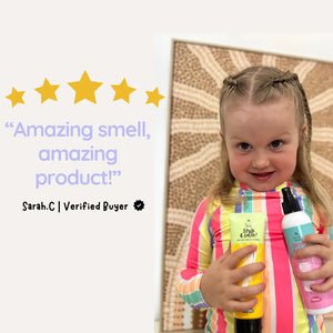 Child holding two products with a five-star rating and review text on a white background