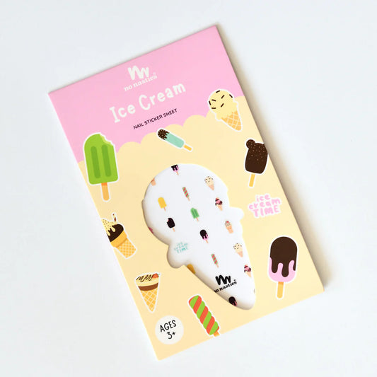 Ice cream themed nail sticker sheet with colourful ice cream illustrations on a pink background.