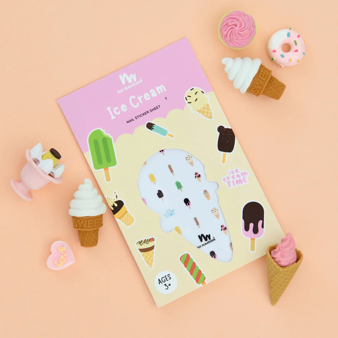 Ice cream themed nail sticker sheet with colourful ice cream illustrations on a pink background.