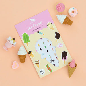 Ice cream themed nail sticker sheet with colourful ice cream illustrations on a pink background.