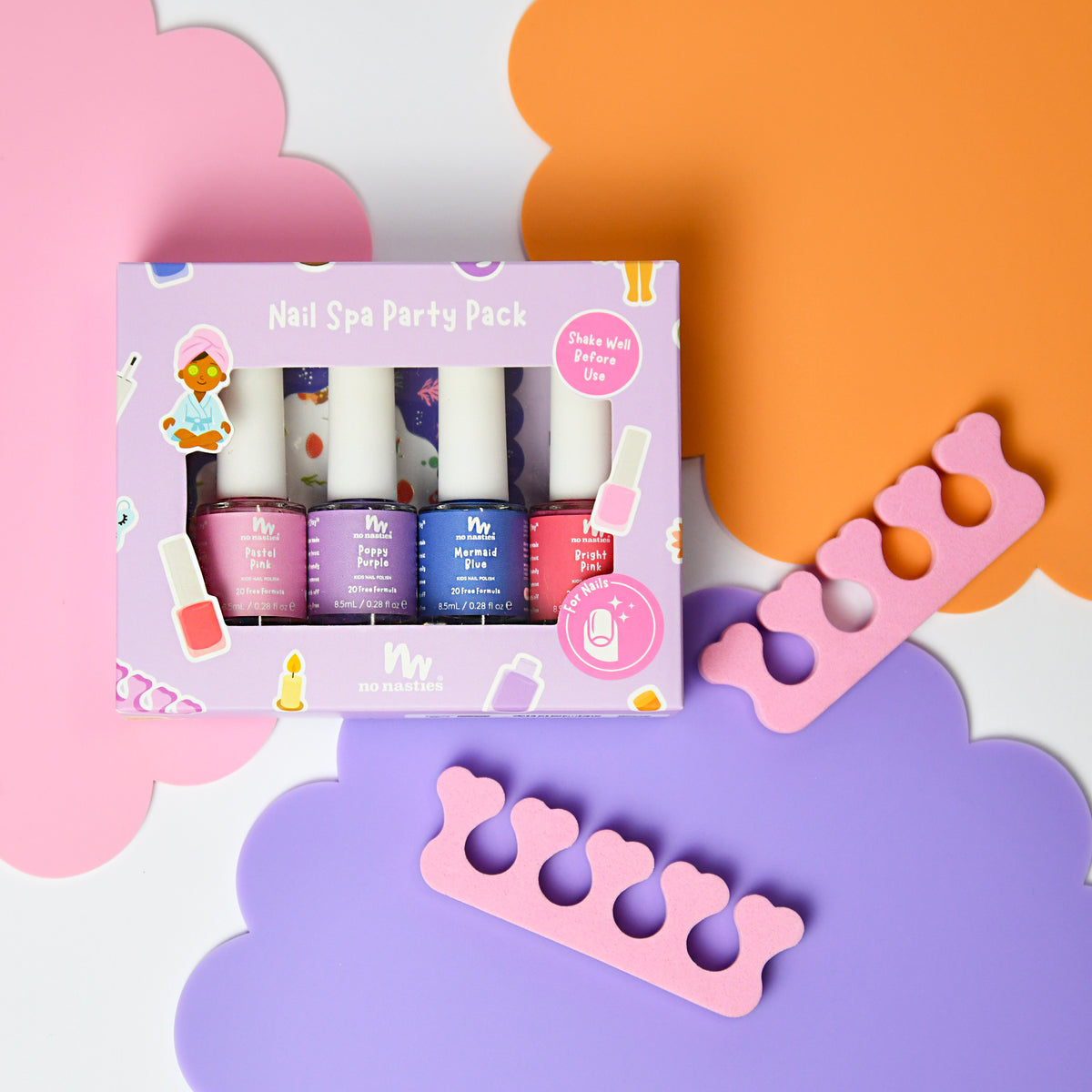 Nail Spa Party Pack purple packaging on colourful back ground