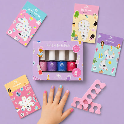 picture of little girls hand on purple background with nail stickers, nail polish and nail seperators