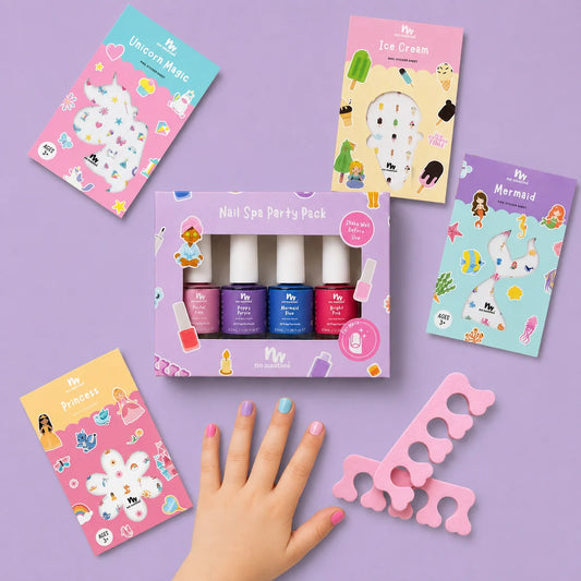 picture of little girls hand on purple background with nail stickers, nail polish and nail seperators