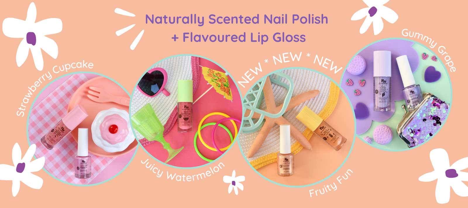 Range of natural kids lip glosses and scented nail polishes on peach background
