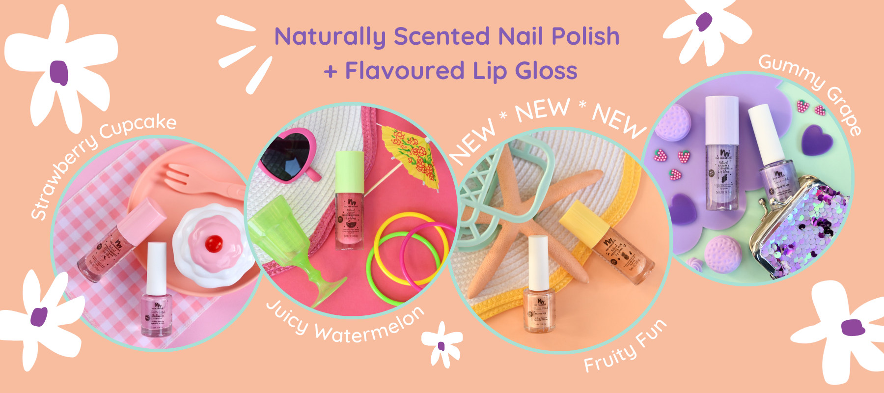 Range of natural kids lip glosses and scented nail polishes on peach background