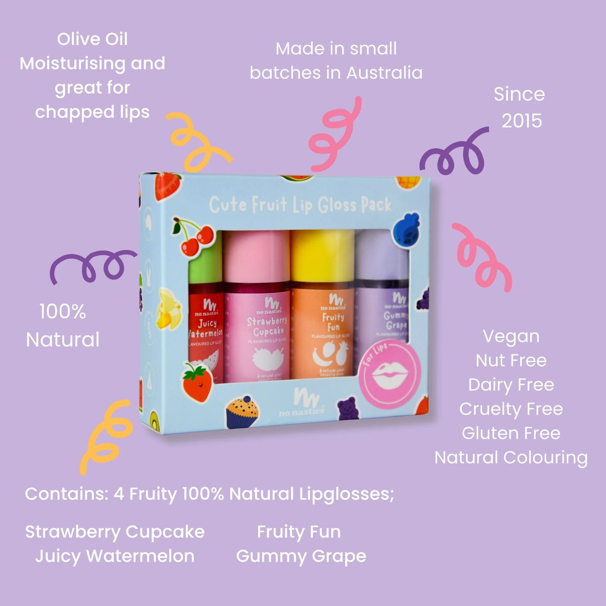 A boxed set of four lip glosses displayed on a lavender background with decorative text callouts. The package is light blue with fruit illustrations and reads 'Cute Fruit Lip Gloss Pcs.