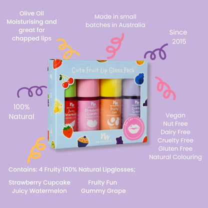 A boxed set of four lip glosses displayed on a lavender background with decorative text callouts. The package is light blue with fruit illustrations and reads 'Cute Fruit Lip Gloss Pcs.