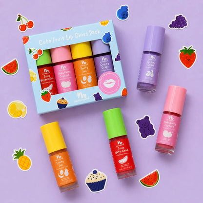 A fruit- hemed lip gloss set displayed on a lavender background with decorative fruit stickers. The set includes a light blue box labeled 'Cute Fruit Lip Gloss Pack' and four individual tubes of lip gloss in pink, purple, orange, and red, each with a matching coloured cap.