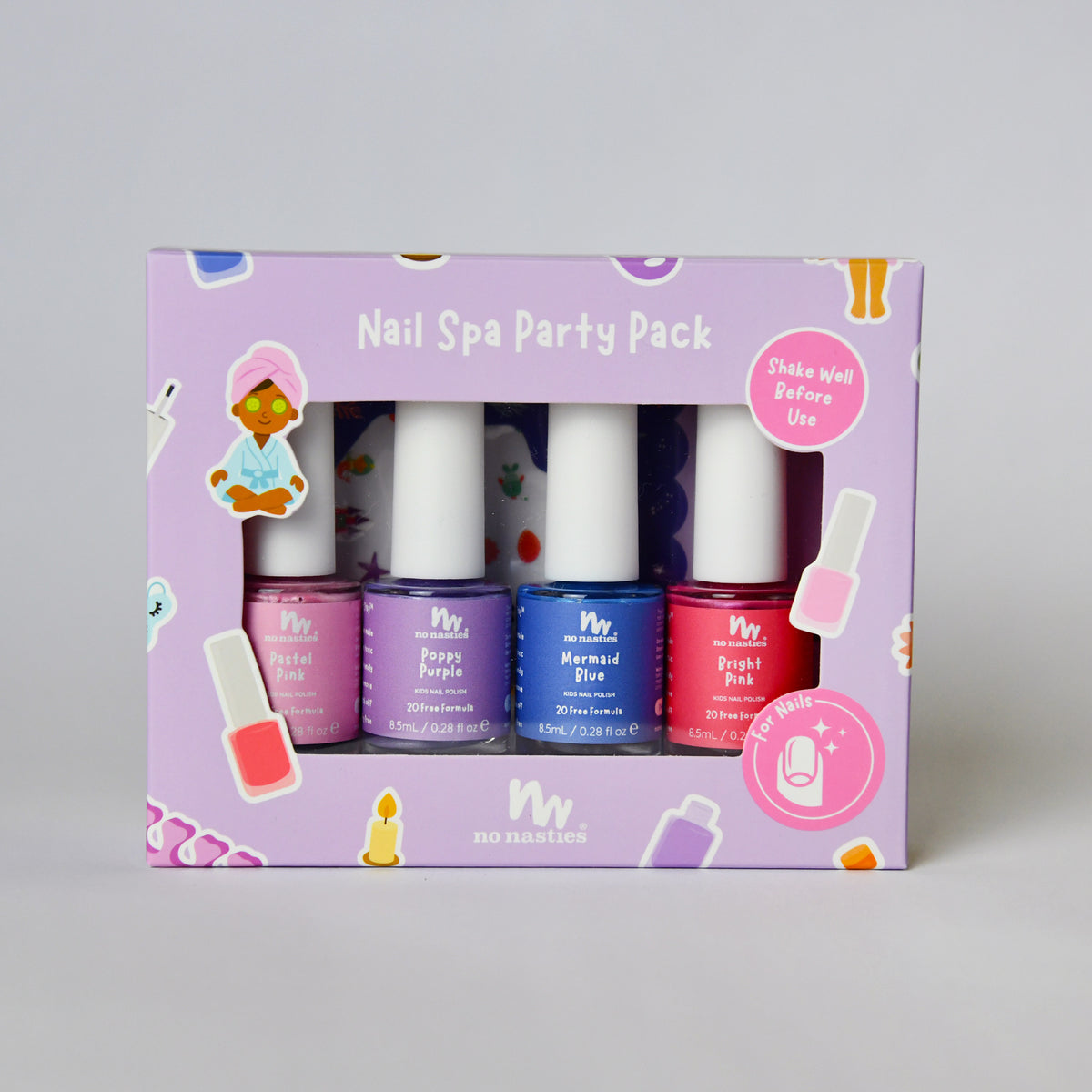 four kids nail polishes in purple box on grey background
