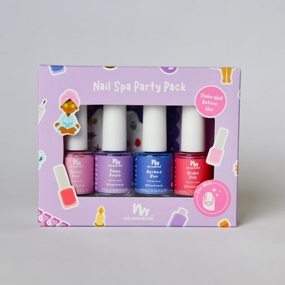 four kids nail polishes in purple box on grey background
