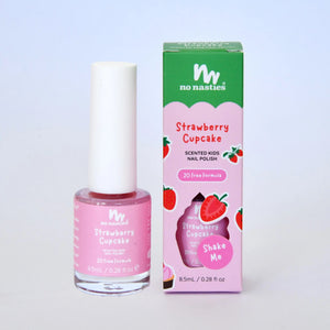 Pink nail polish bottle with branding and a matching box on a light grey background