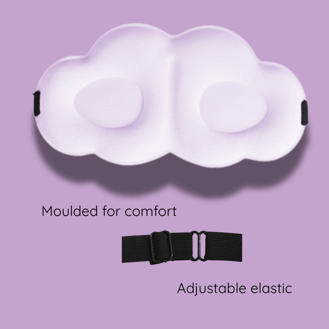Lilac cloud eye mask with adjustable elastic on a purple background