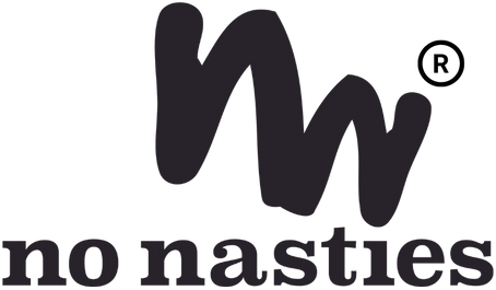 The logo for 'no nasties' features stylised dark gray letters'NN' with a registered trademark symbol above the lowercase word 'no nasties' in dark gray text on a solid white background.