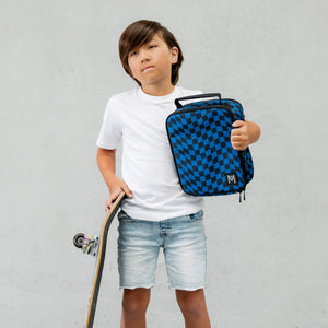 kids with skateboard holding insulated lunch bag blue and black retro checks