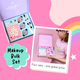 Makeup bulk set with makeup items and a child holding a box on a pink background