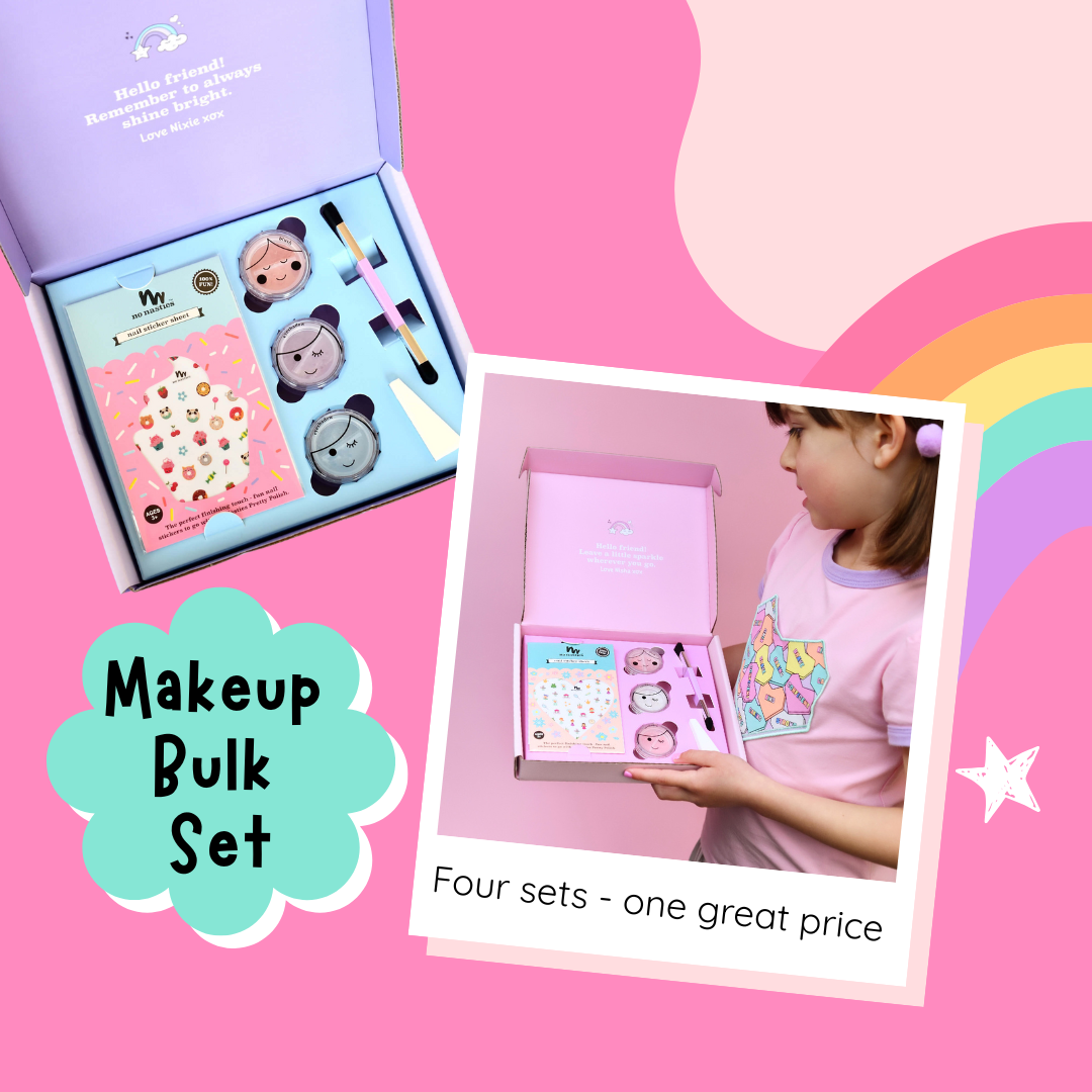Makeup bulk set with makeup items and a child holding a box on a pink background