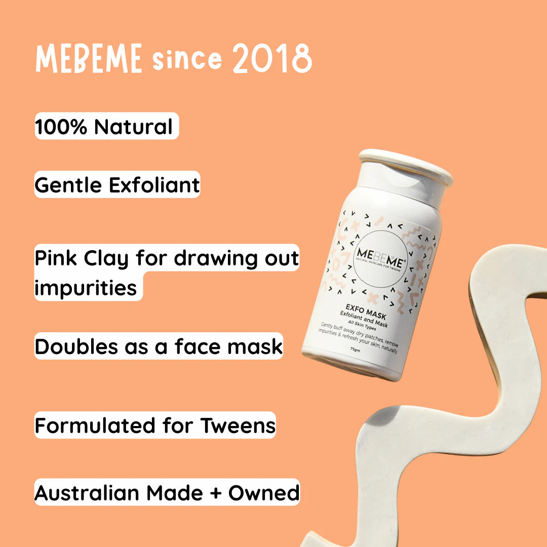 MEBEME exfoliant product with features listed on an orange background