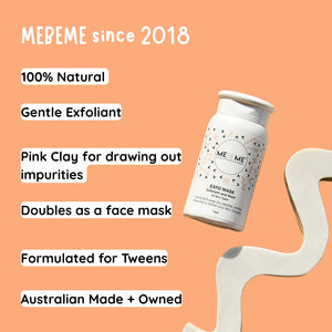 MEBEME exfoliant product with features listed on an orange background