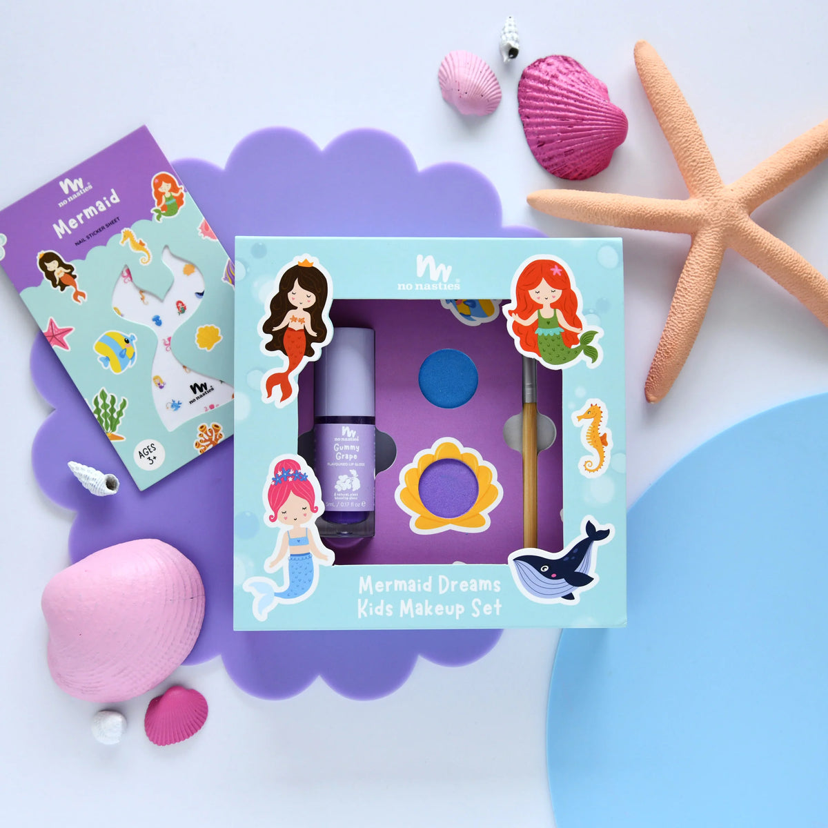 Mermaid themed No Nasties Kids NZ kids makeup set with accessories on a light purple background