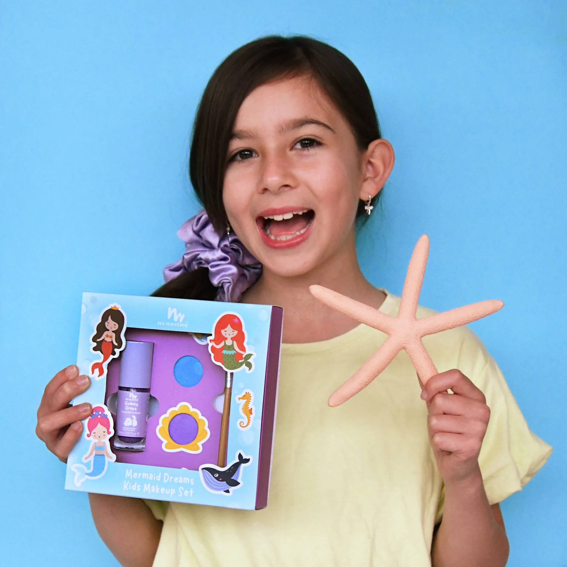Mermaid themed No Nasties Kids NZ kids makeup set with accessories on a light purple background