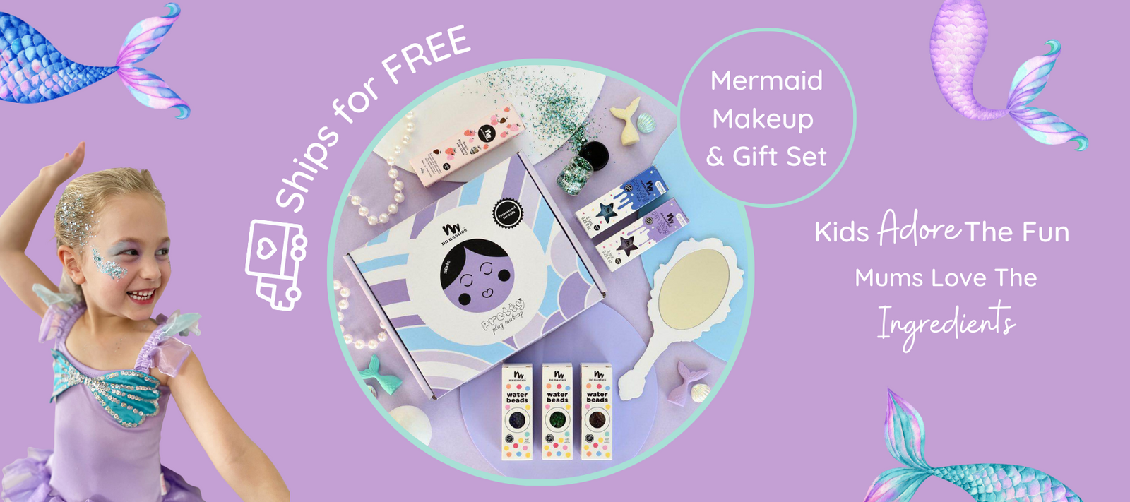 Kids Mermaid Makeup Gift Set with Bioglitter Nailpolish and Waterbeads