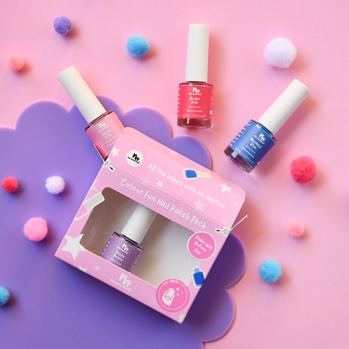 4 Pack Water-Based Kids Nail Polish | Blue, Purple, Pastel Pink and Bright Pink