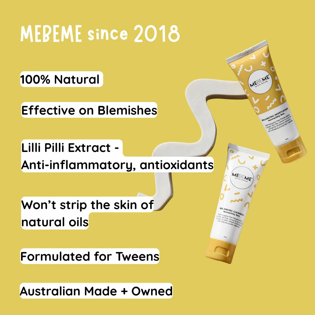 Two ME&M skincare products on a beige background with abstract shapes.