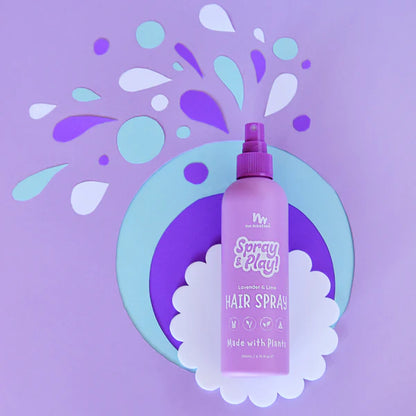 Purple hair spray bottle with colorful design elements on a purple background