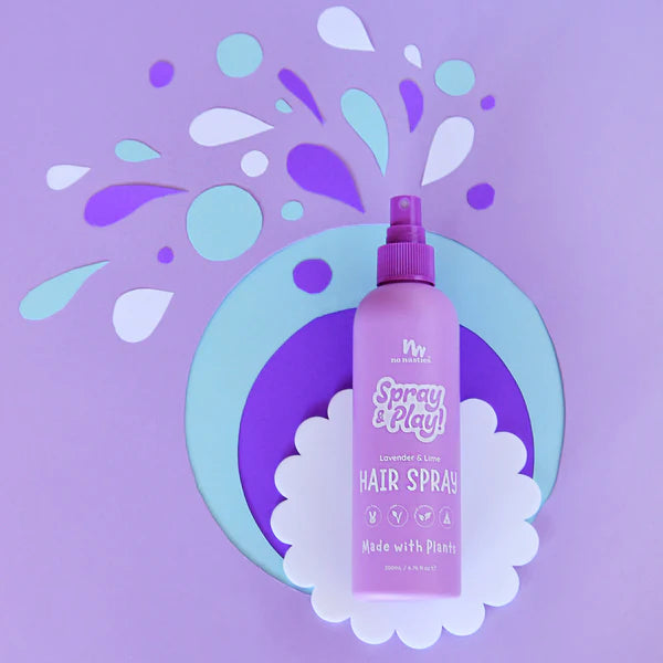 Purple hair spray bottle with colorful design elements on a purple background