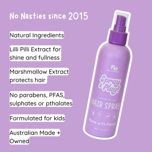 Hand holding a purple bottle of 'Spray & Play' hair spray against a light purple background with decorative elements.