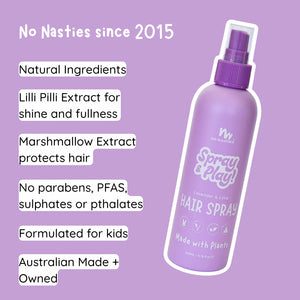 Purple hair spray bottle with text on a purple background