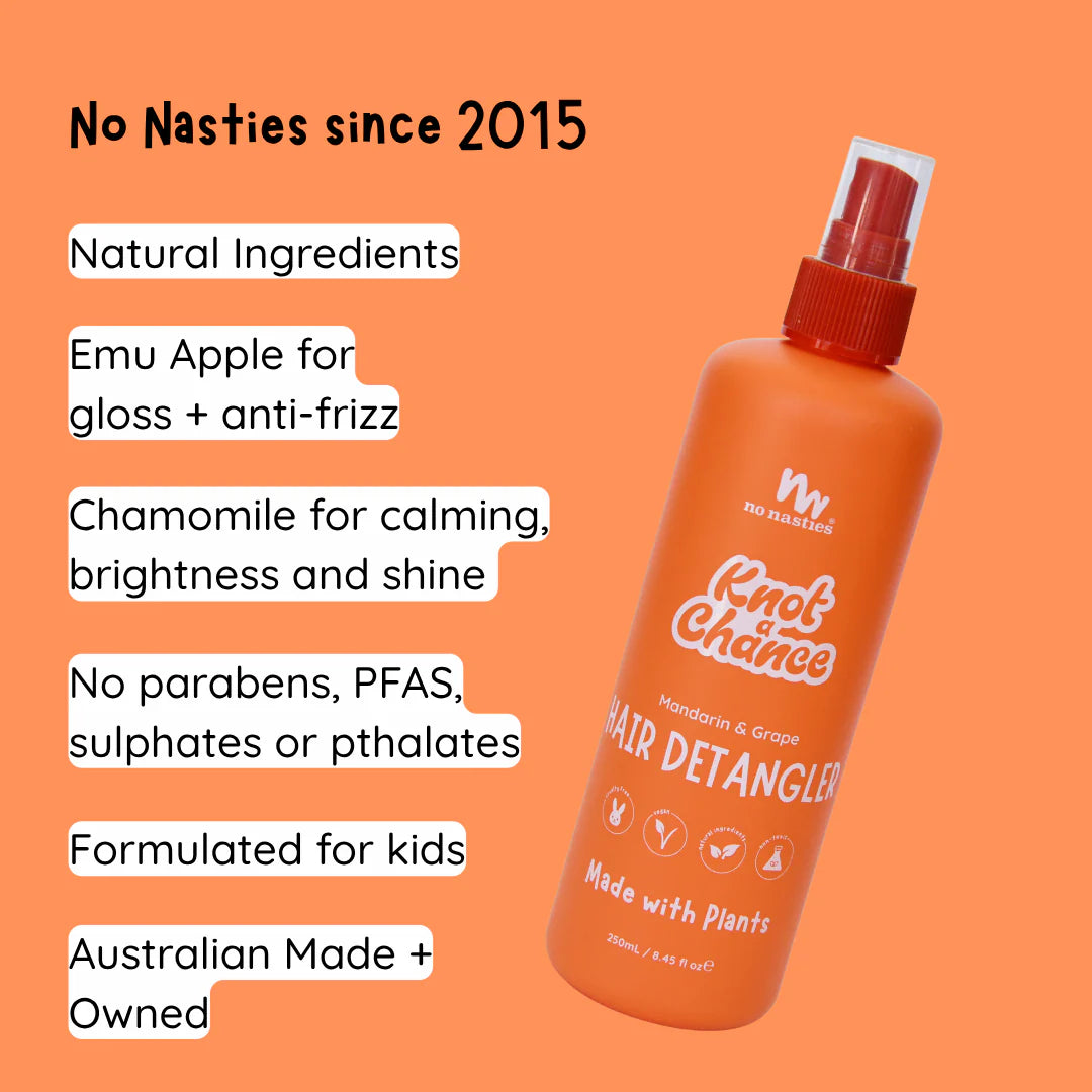 No Nasties Kids Natrual Detangler Spray on an orange background with words explaining the ingredients