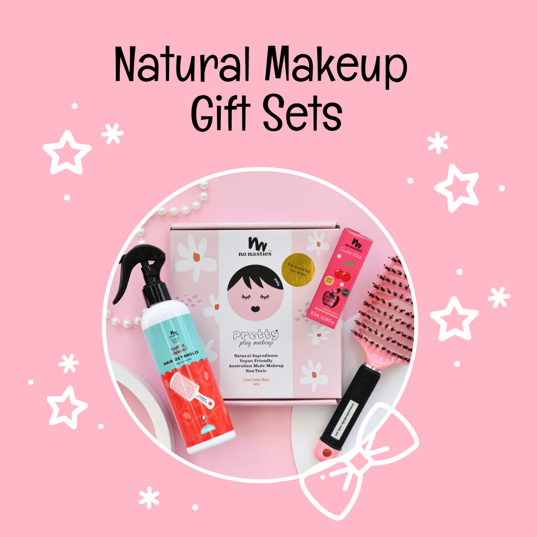 pink makeup set for kids with detangler spray and nail polish