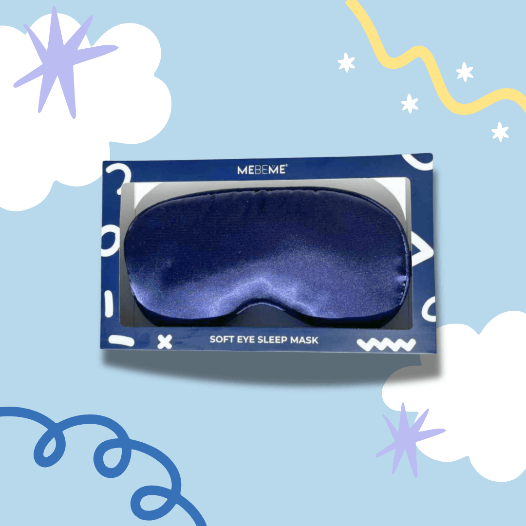 Blue sleep mask in packaging with decorative elements on a light blue background