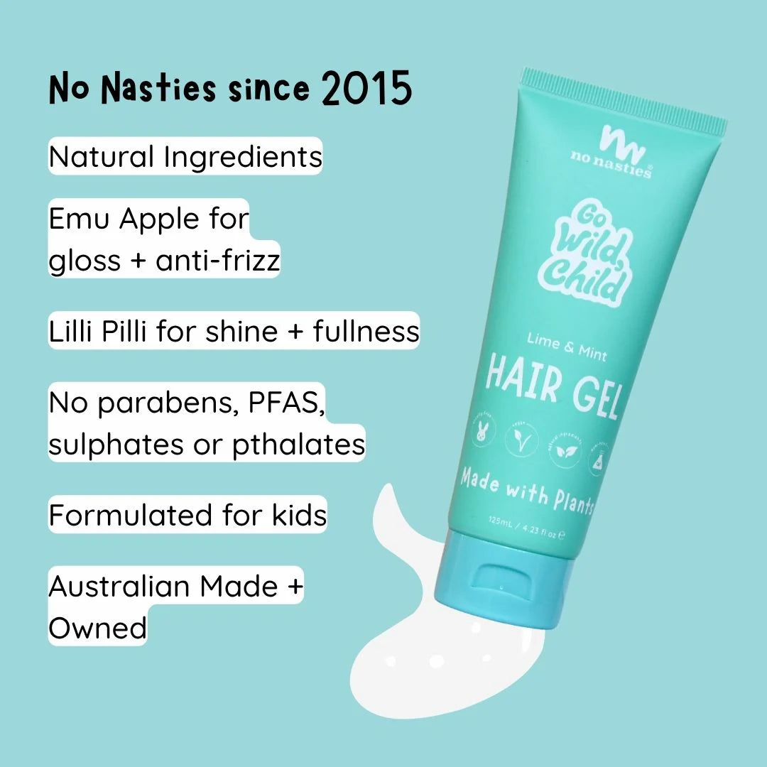 No Nasties hair gel tube with product details on a light blue background