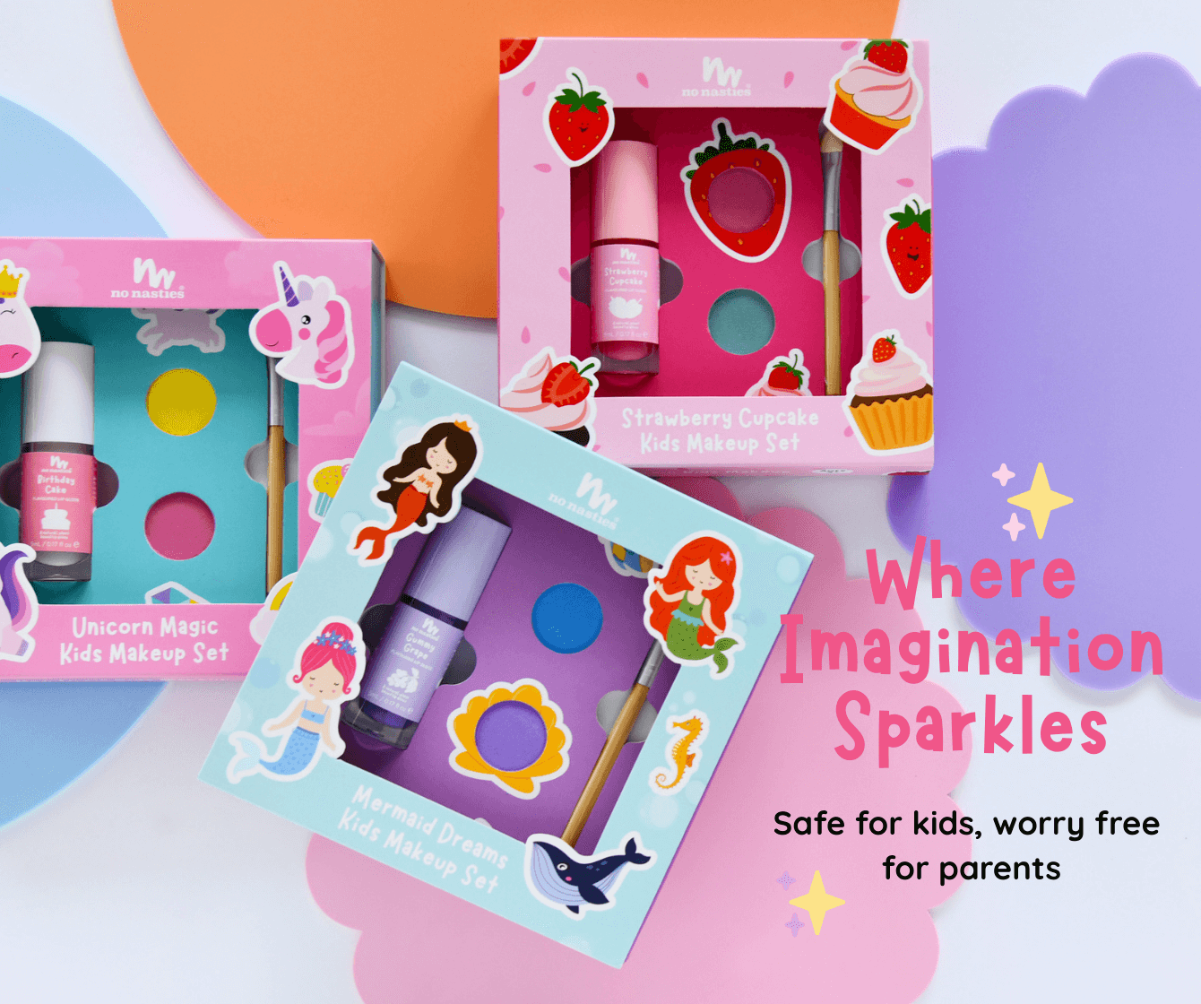 No Nasties Kids makeup sets with packaging on a colourful background, featuring text 'Where Imagination Sparkles'.