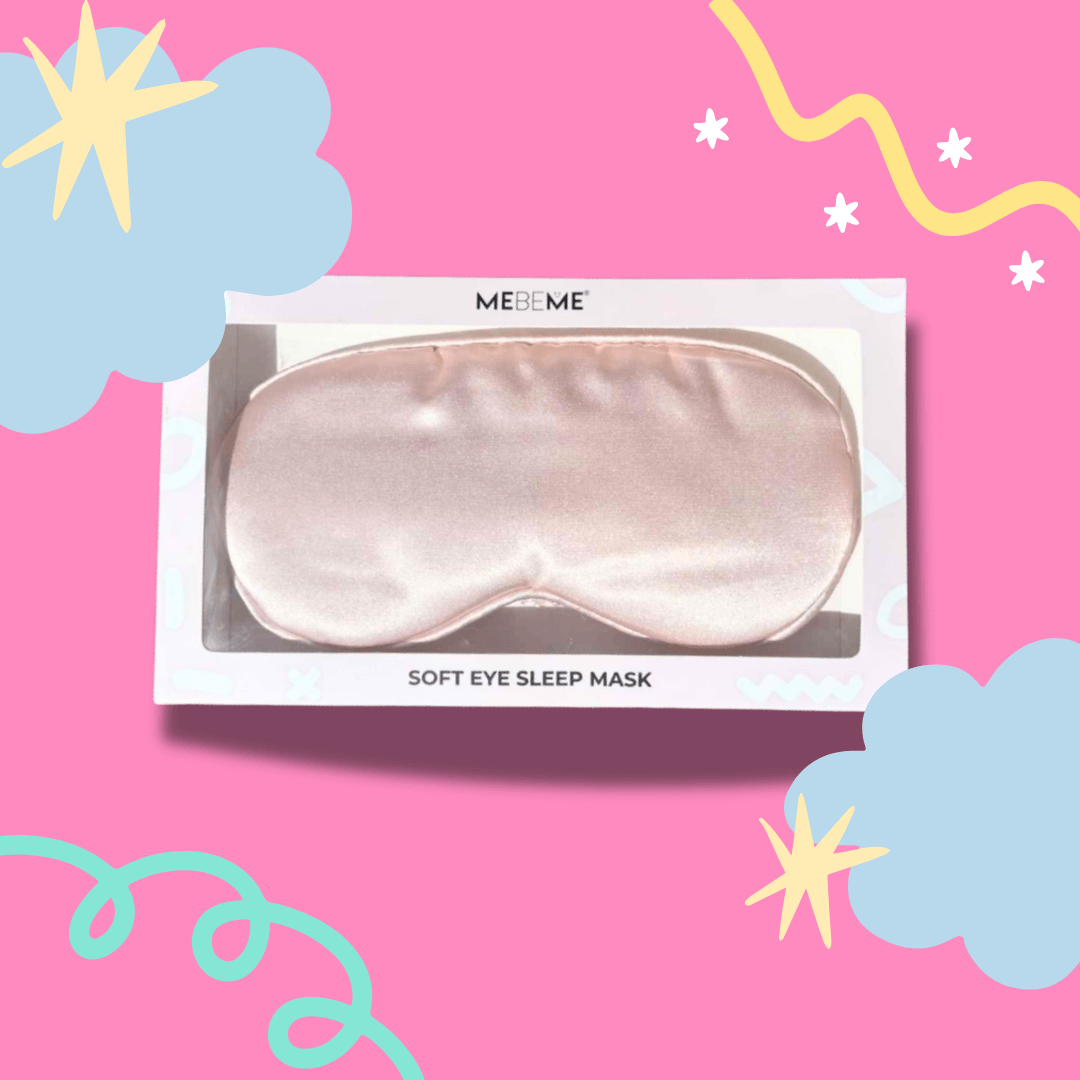 MEBEME soft eye sleep mask in packaging on a pink background with cloud and star designs
