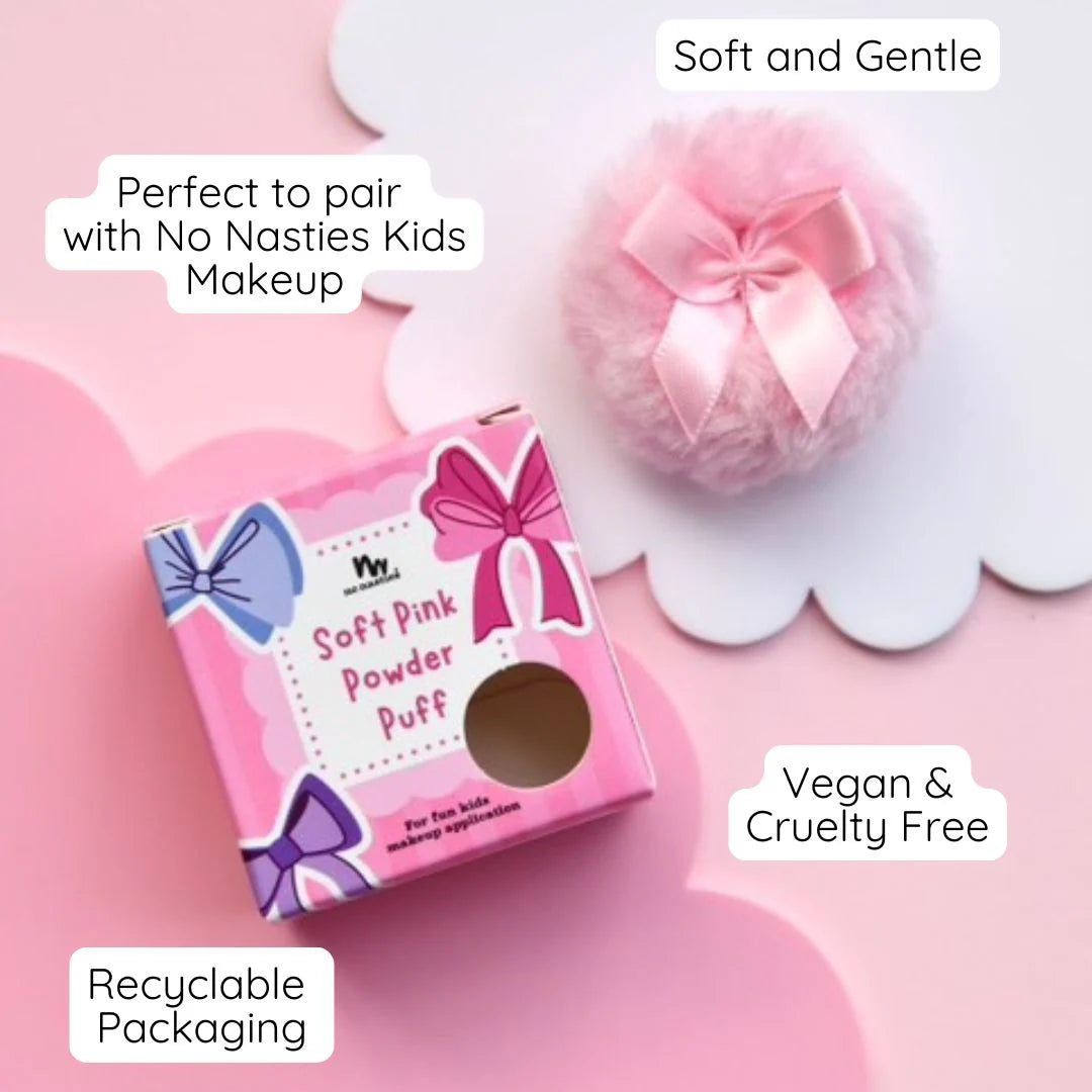 pink powder puff with text displaying benefits 