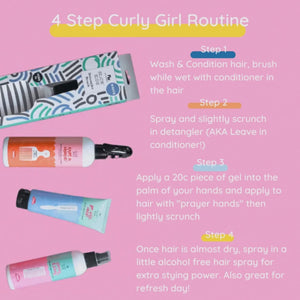 4 steps to curly hair care on pink background